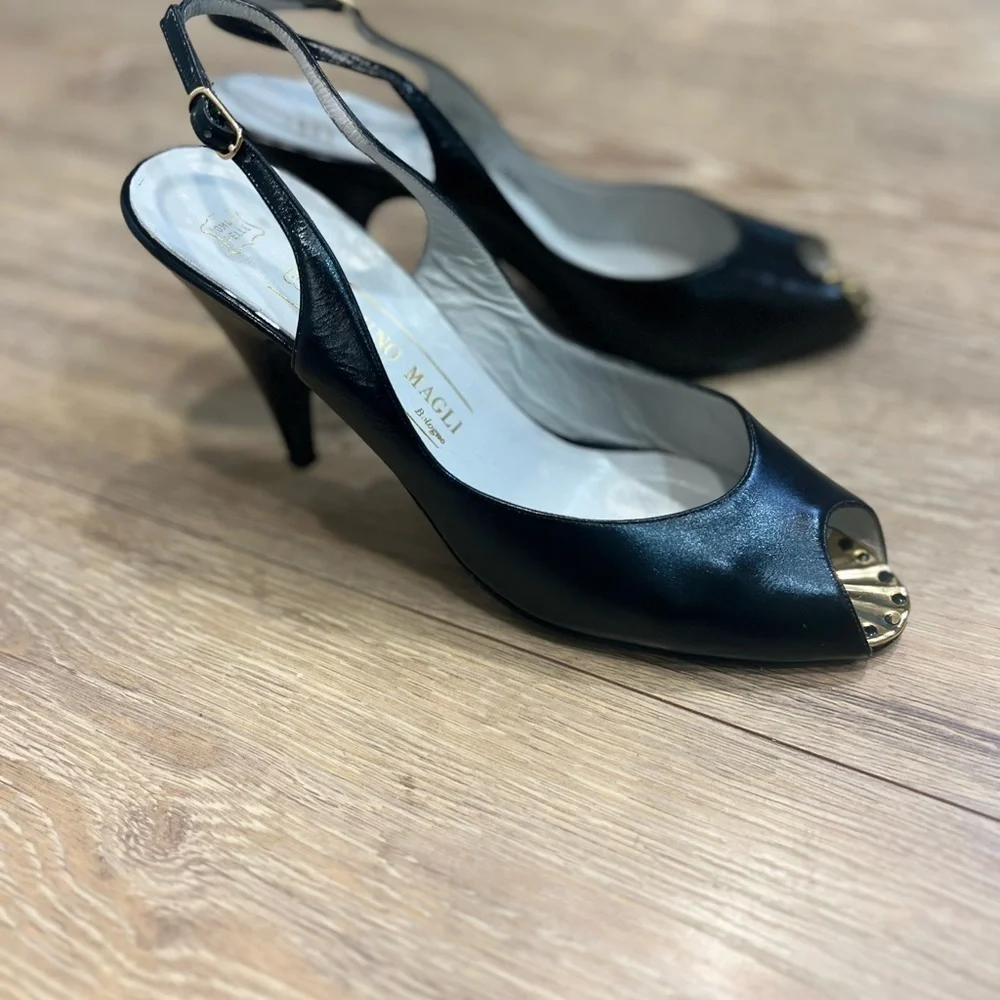 BRUNO MAGLI black leather peep toe sling shoes with gold accent on the toe - Picture 16 of 16